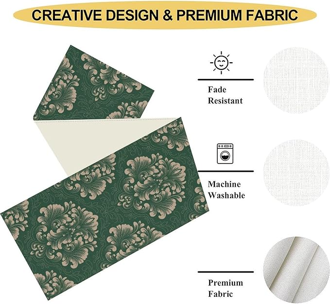 Vintage Damask Table Runner, Green Classical Luxury Old Fashioned Damask Royal Victorian Floral Print Table Center Decor for Family Kitchen Table Decorations Indoor Outdoor 13x90 inch
