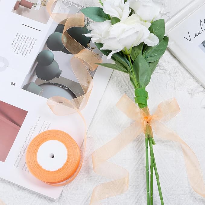 Orange Ribbon for Gift Wrapping 1 inch Sheer Organza Ribbon for Flower Bouquet Tulle Thin Chiffon Ribbons for Wedding Invitations Presents Decorations Crafts 50 Yards