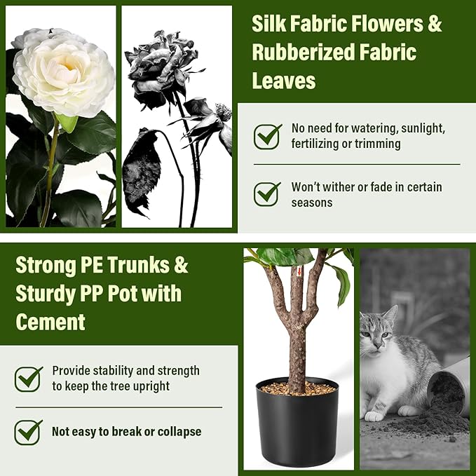 Artificial Camellia Tree,2Pack 3.6FT Faux White Camellia Plants in Pots,Lifelike Artificial Flower Trees for Indoor Outdoor Home Decor,Realistic Blooming Faux Plants for Living Room Porch Patio Office
