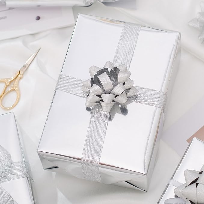 Merture 30 In X 32.8 Ft (81.7 sq.ft.) Wrapping Paper Roll - Jumbo Roll, Solid Color Metallic Silver Gift Wrap for Wedding, Birthday, Christmas, New Year Celebration, Valentines Day