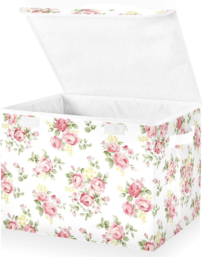 Flower Baskets Collapsible Storage Bins with Lids, Pink Rose Flower Floral Storage Boxes Clothes Baskets for Organizing