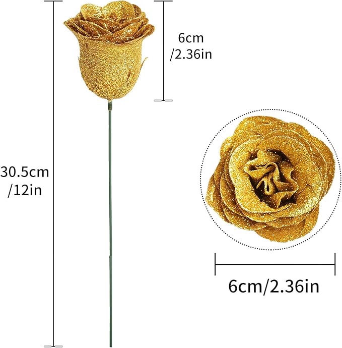Gold Roses,30PCS Glitter Roses Bouquet Artificial Roses with Stems for Wedding Bouquet Party Christmas Home Decor(Gold)