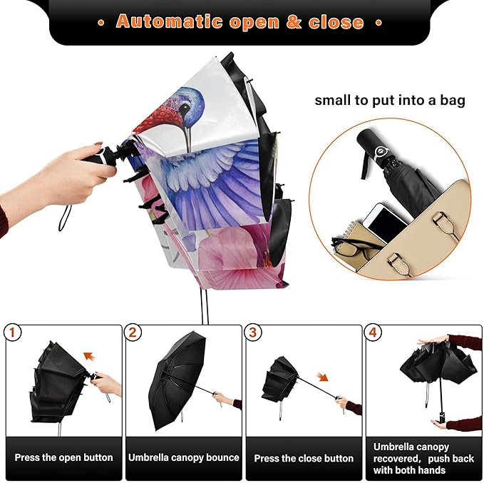 Automatic Folding Umbrella Windproof Strong, UV Protection Compact Floral Hydrangea Hummingbird Sun Rain Sun Rain Travel Umbrellas for Women Men