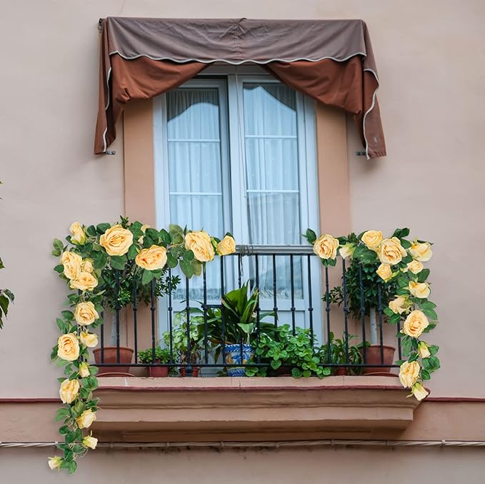TELDRASSIL 4Pcs(26 FT) Artificial Rose Vine Fake Flower Garland Fake Silk Rose Hanging Vine for Wedding Party Background Arch Garden Background Decoration (Champagne)