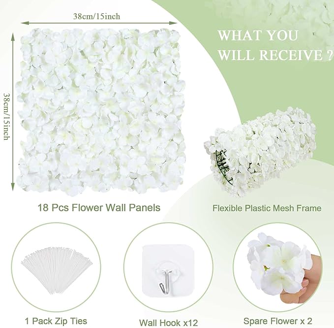White Flower Wall Panels Backdrop with Green: Wedding Artificial Flower Wall Backdrop Hydrangea Floral Wall for Bridal Shower Party Decoration (18 Pcs 15 x 15 Inch)