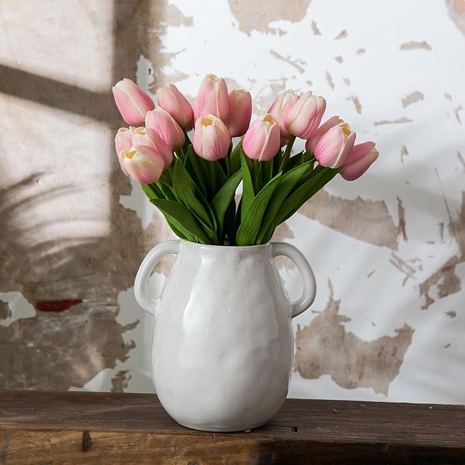 White Ceramic Vase with 2 Handles for Modern Farmhouse Home Decor, Vintage Rustic Decorative Vases, Small Vase for Fresh and Dried Flowers, Centerpiece Table Decorations, 7 Inch