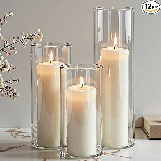 12-Pack White Pillar Candles with Glass Cylinder Vases - Elegant Tall Candle Holders for Weddings, Events, and Home Décor Centerpieces (12)
