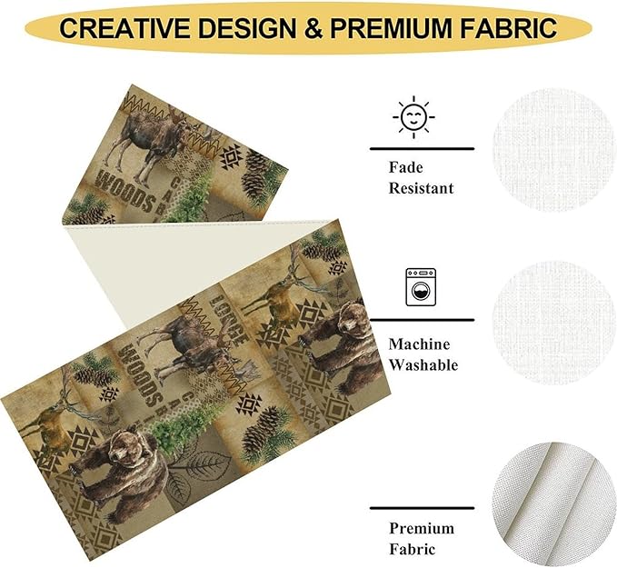 Rustic Cabin Table Runner, Farmhouse Deer Bear Retro Pine Forest Native Aztec Wild Animal Seasonal Coffee Table Center Decor for Home Kitchen Dining Patio Holiday Party Table Decorations 13x90 inches