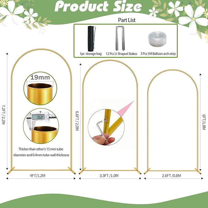 Metal Arch Backdrop Stand, Set of 3 (6/6.6/7.2 ft) Wedding Arched Frame with 12 Ground Nails and Storage Bag, Stable Arched Background Stand for Wedding, Baby Shower, Birthday Party, Photography, Gold