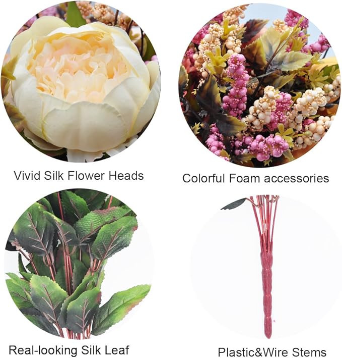 2pcs Artificial Peony Bouquets,19 Inch Silk Peony Bunch with 7 Faux Flowers,Classical Style Artificial Flowers with Leaves and Ornaments for Wedding,Home Décor Centerpieces(White)