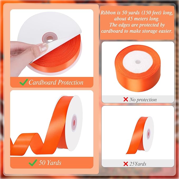 Orange Ribbon 1 Inch 50 Yards Halloween Satin Ribbon for Fall Decor Hair Bows Handmade Roses Crafts Gift Wrapping Party Christmas Decorations