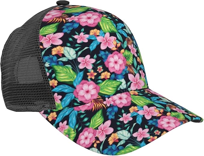 Tropical Pink Flowers Hats Women Men Hawaii Trucker Hat Adjustable Snapback Mesh Baseball Cap Hat
