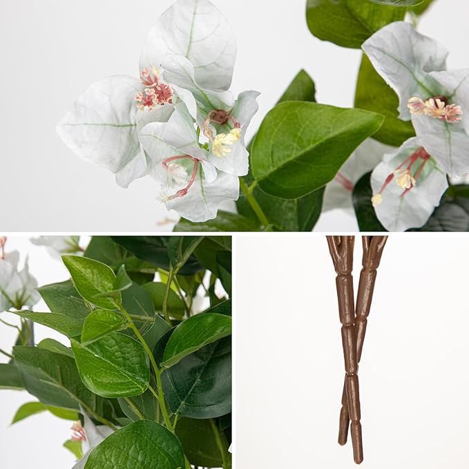 Hollyone 2Pcs Bougainvillea Artificial Flowers Bouquets White Fake Flower Silk Flowers with Long Stem Floral Arrangements Faux Bougainvillea Flower Plant for DIY Wedding Party Centerpieces Home Decor