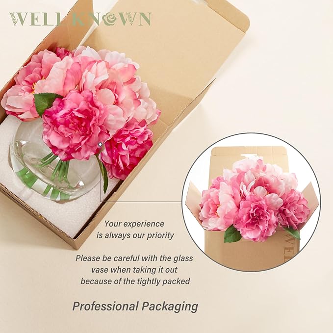 Artificial Flowers in Vase, Silk Peonies Bouquet for Vase with Faux Water, Fake Peony Flower Arrangement for Home Wedding Birthday Party Dining Table Centerpiece New Year Decor Mom's Gift (Pink)