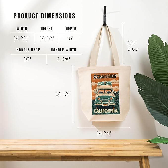 Oceanside, California, Camper Van, Letterpress (100% Cotton Canvas Reusable Tote Bag)
