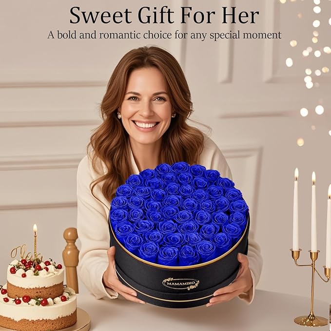 50 Preserved Roses in a Gift Box for Her - Forever Flowers for Delivery, Eternal Rose Mothers Gifts for Mom, Wife Anniversary Birthday Gifts for Women, Blue