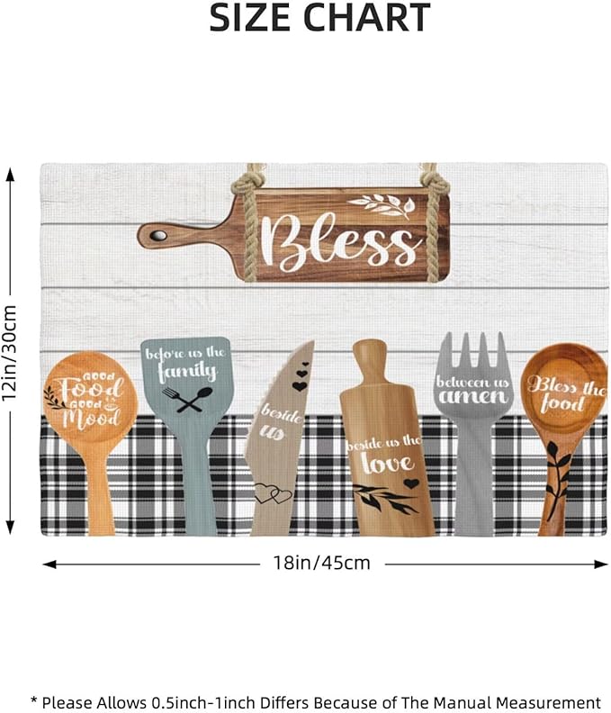 Fork Spoon Kitchen Table Placemats Set of 4 Retro Wooden Tableware Print Placemat Indoor Outdoor Party Home Desktop Dining Room Decoration 12x18 Inch