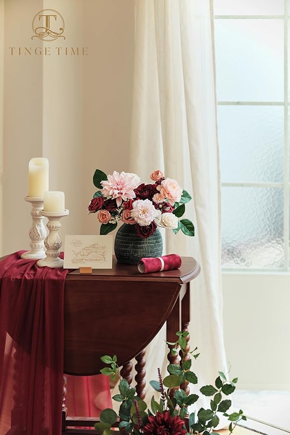 TINGE TIME Artificial Flowers Burgundy & Pink Flower Combo for DIY Wedding Bouquets Table Centerpieces Arrangements Party Baby Shower Home Decorations
