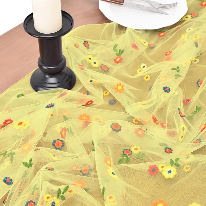 Joanlody 3pcs Yellow Embroidery Daisy Christmas Table Runner Florals Seasonal Tulle Table Runner Holiday Kitchen Dining Table Decoration Wedding Party