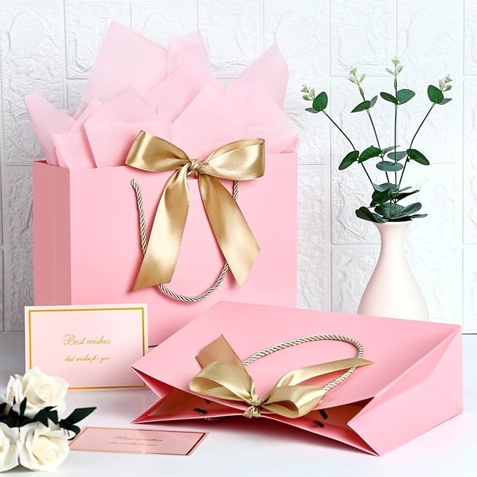 JMANNI Gift Bag, 1PCS Gift Bags Large with Ribbon and 1 Greeting Cards 2 Tissue Paper, Portable Paper Gift Bag with Handles, Birthday Gift Bags, Valentine's Day, Present Bags for Christmas Wedding Party Mothers Day