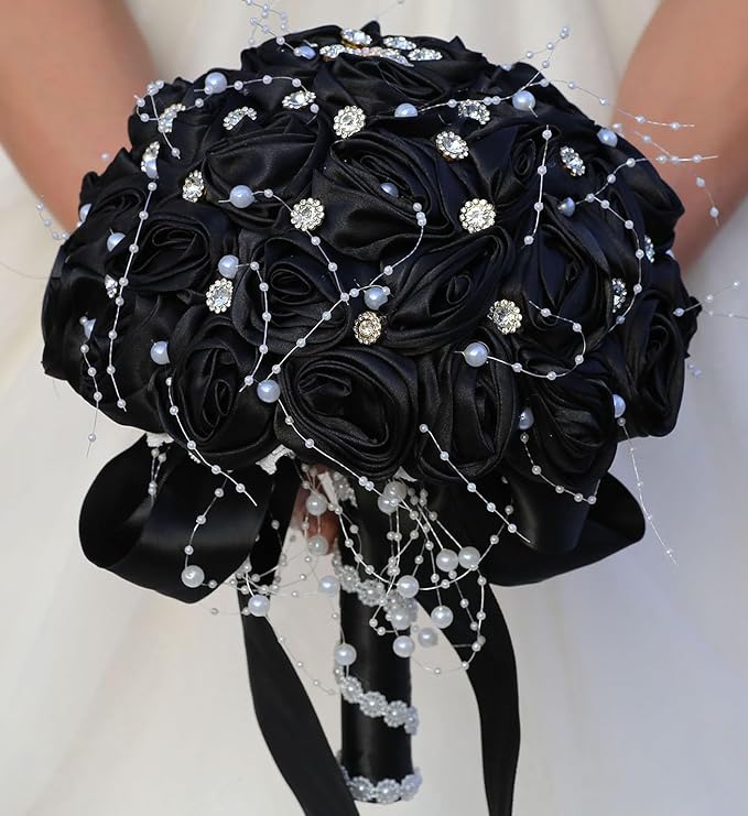 Bridal Wedding Bouquet Round Bling Brooch Bouquet Throw Toss Artificial Rose Flower Bunch for Bride Bridesmaid Wedding Quinceanera(Black, 8.7")