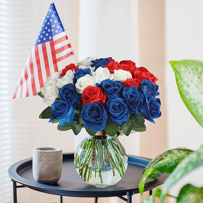30pcs Fake Roses Artificial Silk Flowers Long Stems Bouquet for Wedding Bridal Shower Party Home Decoration (Red,White,Blue)