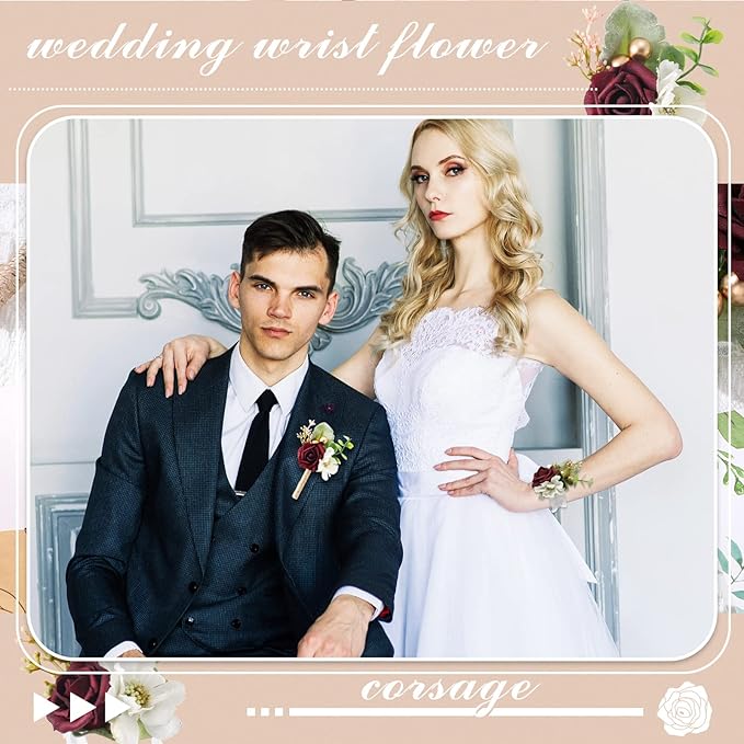 12 Pcs Wedding Wrist Corsage and Boutonniere Set Rose Wrist Corsage for Prom Boutonniere for Men Wedding Flowers Accessories Prom Suit Decorations for Wedding Ceremony Anniversary (Red)