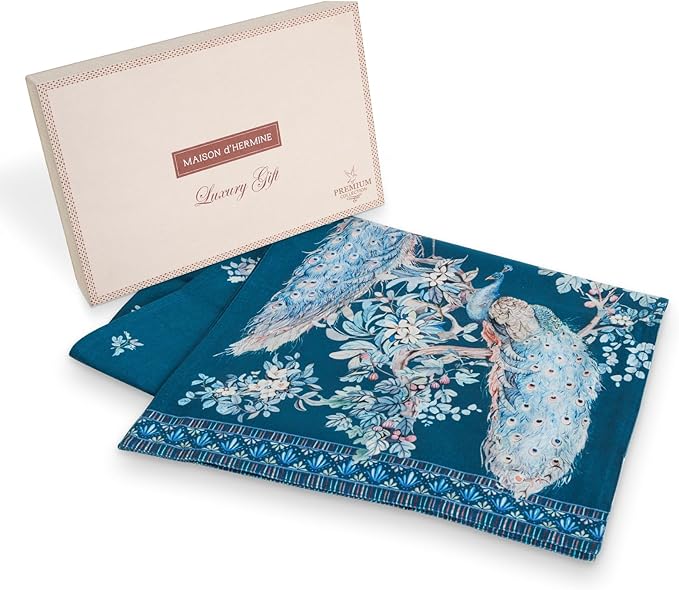 Maison d' Hermine Tablerunners 100% Combed Cotton Premium Table Runner Decorative Table Cover, Home, Kitchen & Camping, Peacock Utopia - Deep Sea, Double Layer - (14.5"x108")