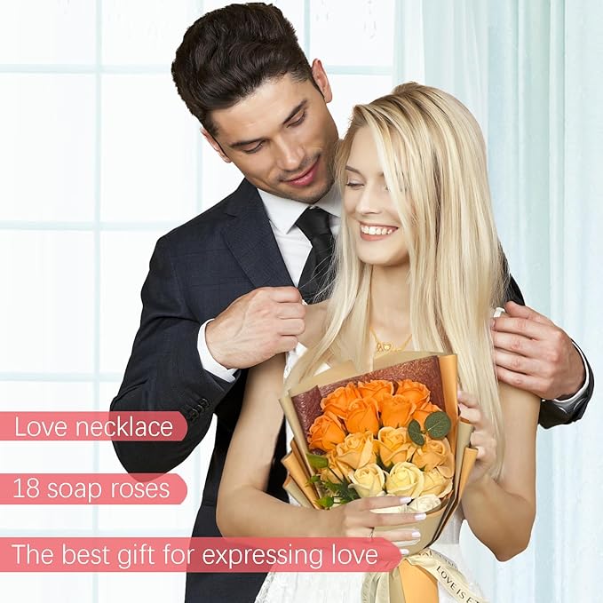 EIGHTOWN Roses Bouquet Artificial Flower - Preserved Orange Rose Flowers with Love Necklace for Her - Unique Gifts Valentine's Day, Mother's Day, Thanksgiving, Birthday, Anniversary