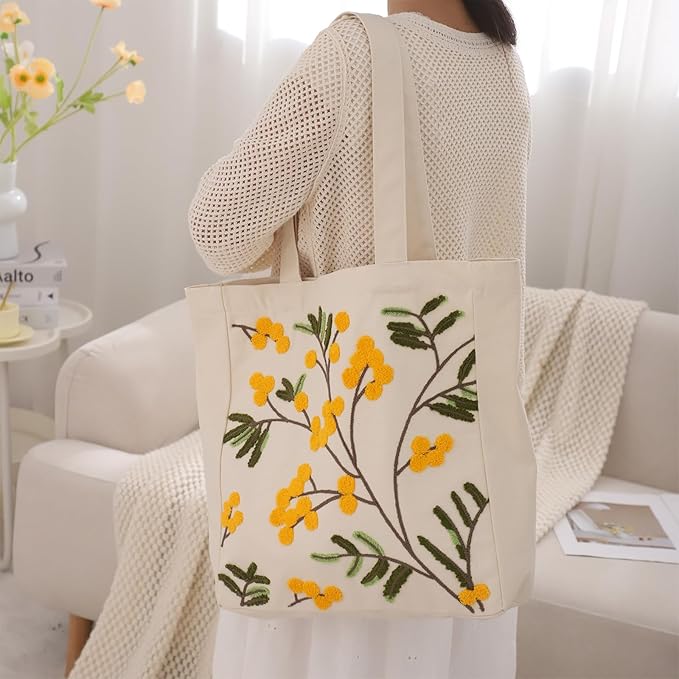 Aesthetic Embroidery Tote Bag for Lady Cute Reusable Canvas Shoulder Bag for Girls Women Shopping Grocery