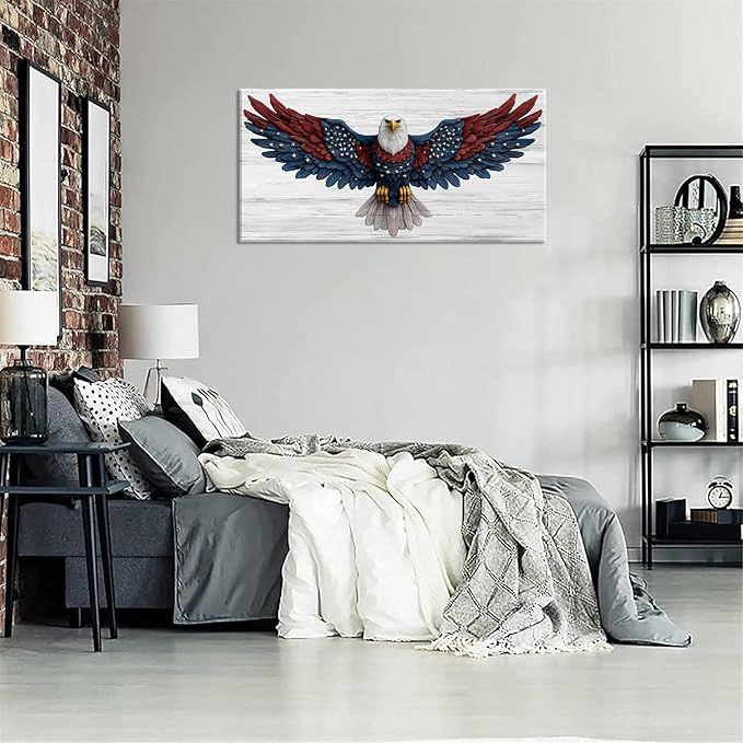 Bald Eagle Canvas Wall Art American Eagle Wall Décor -American Bald Red Blue Flag Canvas Wall Art Usa Independence Day Prints Painting Ready to Hang for Living Room, Bedroom, Office, Dorm 30L" x16''