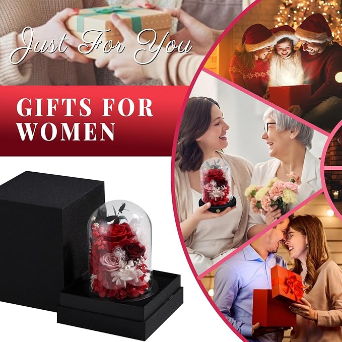 FIACO Preserved Flowers Christmas Rose Gifts for Women, Birthday Gifts Eternal Rose in Glass Dome Long-Lasting Real Forever Flowers Gifts for Mom Grandma Wife Girlfriend Red