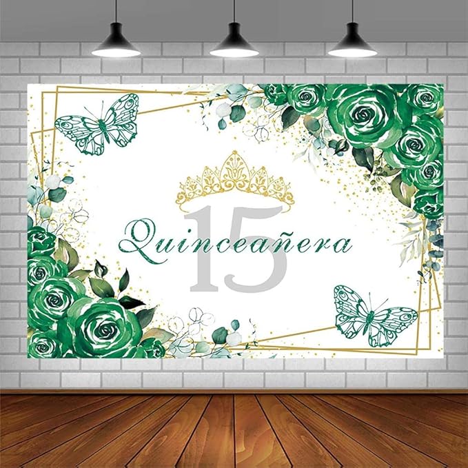 SENDY 8x6ft Quinceañera Backdrop Mis Quince 15 Anos Birthday Party Decorations Supplies for Girl Princess Green Floral Butterfly Gold Crown Photography Background Banner Photo Booth Studio Props