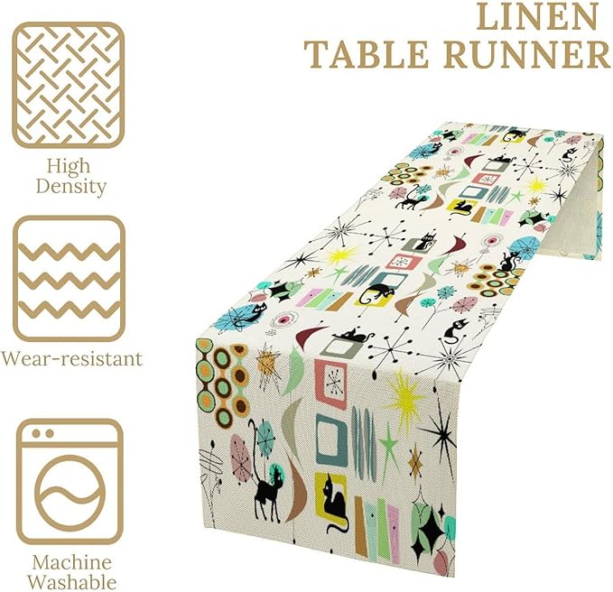 Colorful Geometric Table Runner,Vintage Mid Century Cute Cat Abstract Morden Print Tablecloth Burlap for Hotel Indoors Outdoor Dining Room Kitchen Home Decor, 13x60in