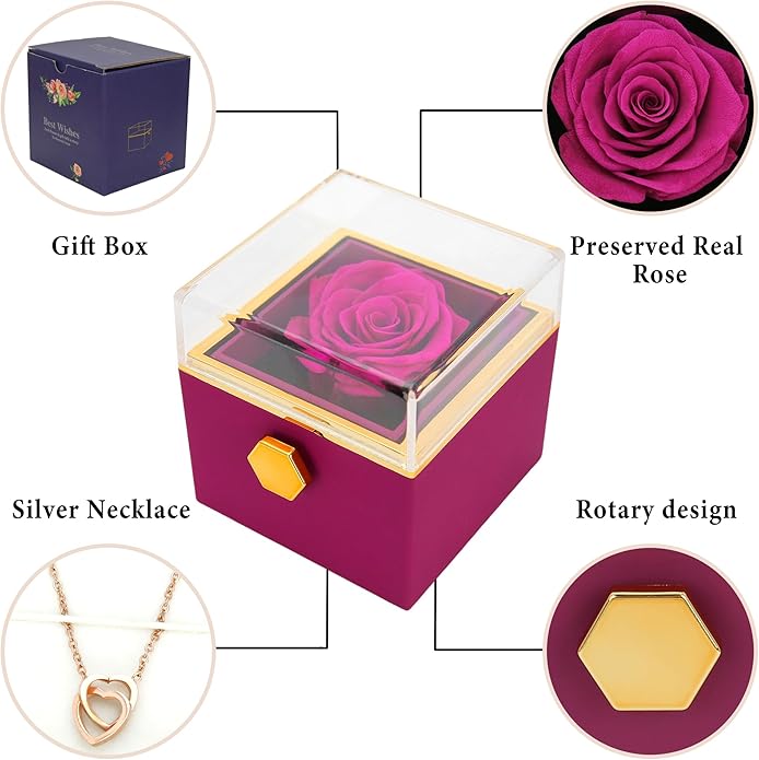 ‌TINGKU Eternal Real Rose Gift Box for Women, Preserved Rose with Customized Name Engraved Heart Necklace, Personalized Romantic Gift for Wife, Girlfriend, Mom, Mother's Day Love Keepsake
