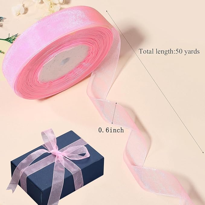 Cftone 4 Yards Pearl Edge Flower Wrapping Mesh Paper with 3/5 inch Organza Ribbon 50 Yard Gift Wrap Ribbon, Bouquet Transparent Mesh Wrapping Paper for Mother's Day Valentine's Day Wedding Graduation Birthday Gift (Pink with 50 Yard Pink Ribbon)