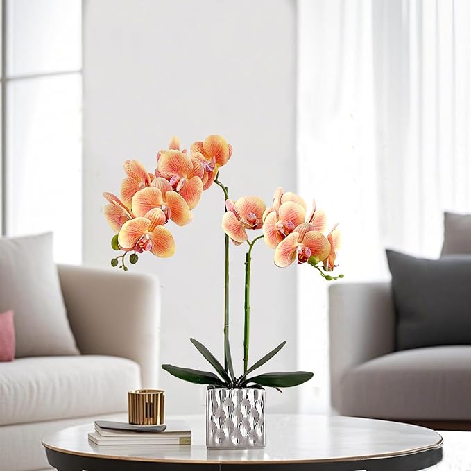 Artificial Orchids Silver Vases Orchids Artificial Flowers Orange Orchid Height 20 inches