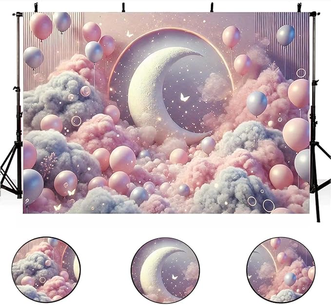 Dreamy Moon and Balloons Backdrop Pink Dreamy Balloon Moon Baby Birthday Decoration Kids Portrait Photo Backdrop Newborn Baby Photography Background (6x4feet)