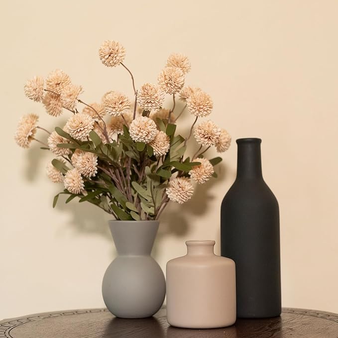Ceramic Flower Vase Set of 3, Fake Flowers in Vase for Centerpieces with 8 Artificial Autumn Chrysanthemums Artificial Decorative Swags