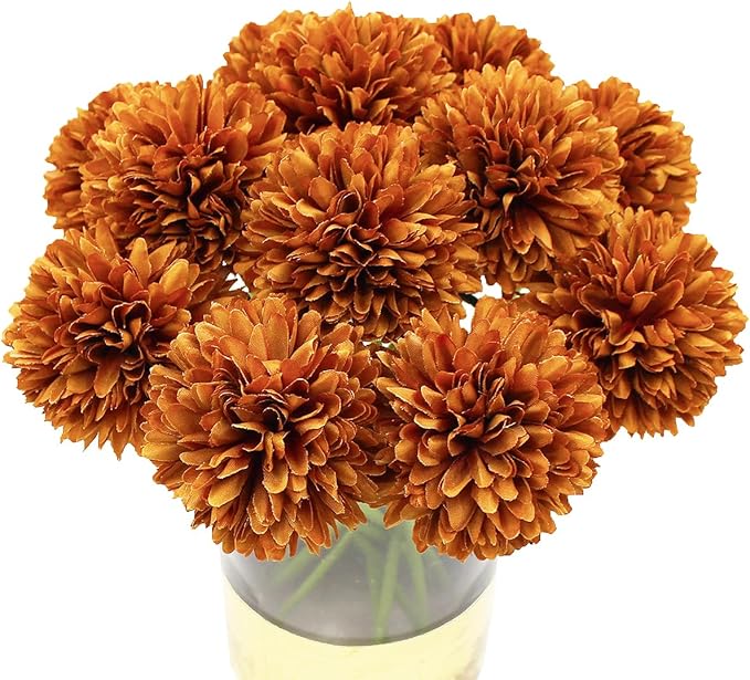 10Pcs Artificial Fake Flower Plants Silk Chrysanthemum Ball Hydrangea Arrangements Wedding Bouquets Decor Home Kitchen Garden Party Table Floral centerpieces DIY(Coffee Brown)