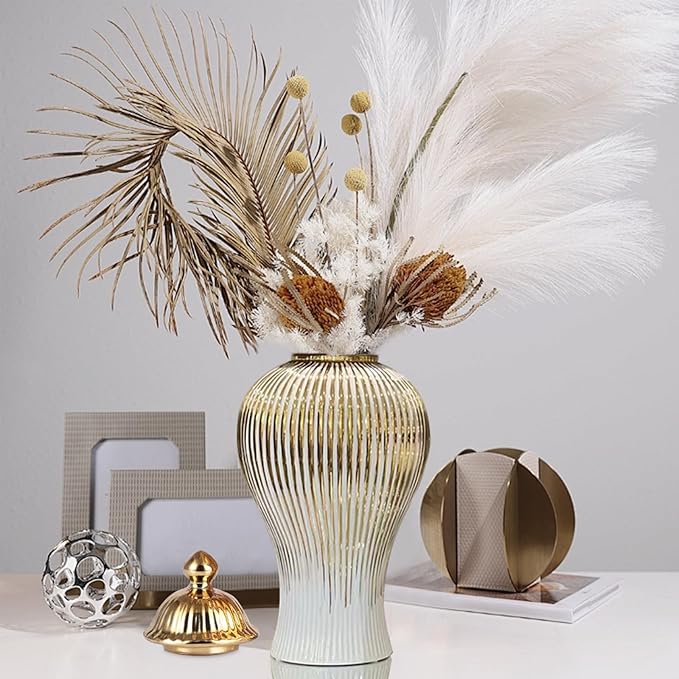 Ginger Jar, White Gold Ceramic Vase Large Handmade Porcelain Vases with Lid, White Gold Decorative Flower Vase for Home, Living Room, Weddings, Centerpieces (B-Medium)