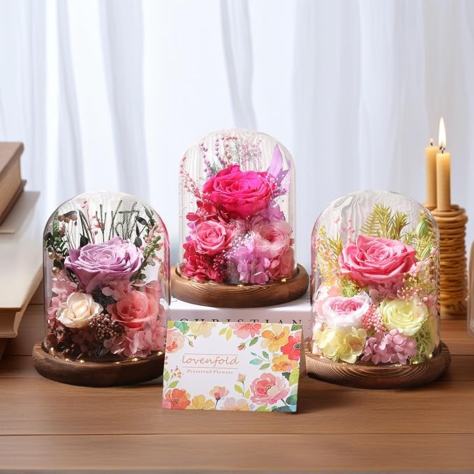 Flowers for Delivery Prime Preserved Flowers Lilac Roses with LED Light in a Glass Dome,Long Lasting Real Roses Birthday Gifts for Women Daughter Mom Wife Friend（Lilac Rose）