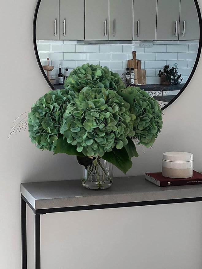 YalzoneMet 4Pcs Dark Green Silk Hydrangea Artificial Flower Big Blooms 20'' Long Stem Vintage Faux Hydrangea Flower Bouquets for Home Party Indoor Outdoor Boho Table Centerpiece Decor