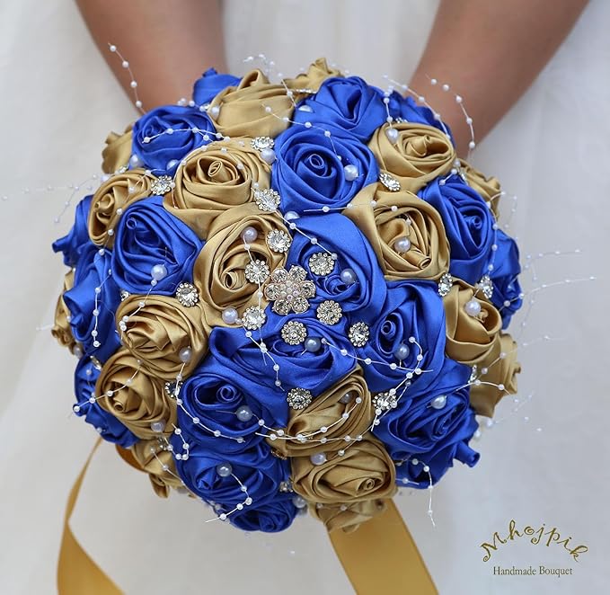 Bridal Wedding Bouquet Round Bling Brooch Bouquet Throw Toss Artificial Rose Flower Bunch for Bride Bridesmaid Wedding Quinceanera(Royal Blue & Gold, 8.7")