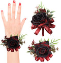2 Pcs Wine Red Rose Wrist Corsage and Boutonniere Set, Rose Corsage Hand for Women, Boutonniere for Men Wedding Artificial Flowers Accessories Prom Decor, Christmas Party Accessories (Wine Red)