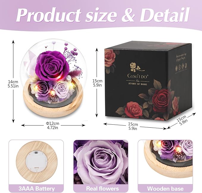 Preserved Roses Flowers for Delivery, Purple Forever Flores in Glass Dome for Women Mom Grandma Wife Girlfriend, Eternal Rose Anniversary Birthday Gift for Valentines Mothers Day Christmas