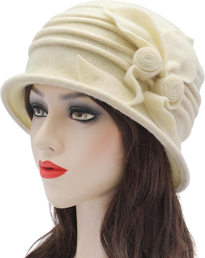 ZLYC Women Wool Cloche Bucket Hat 1920s Vintage Dress Winter Hats with Flower Accent