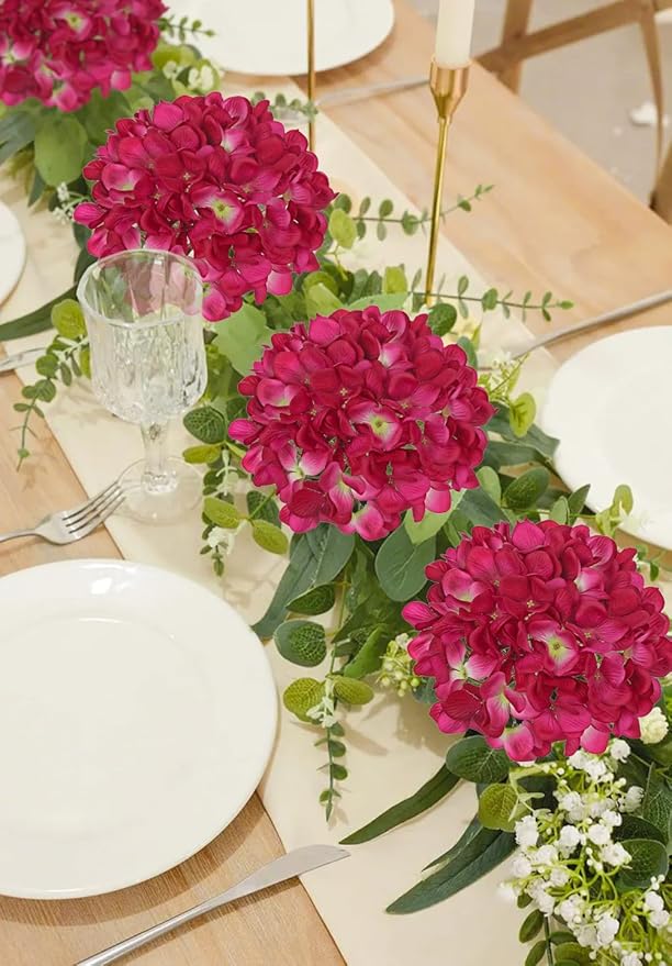 Hollyone Fuchsia Silk Hydrangea Artificial Flowers Heads 7.4inch Large Fake Hydrangea 4Pcs Full Faux Flowers with Stems for Wedding Party Table Centerpieces Flower Arrangement Home Decor