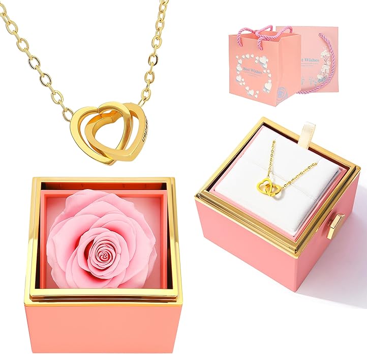 ‌TINGKU Eternal Real Rose Gift Box for Women, Preserved Rose with Customized Name Engraved Heart Necklace, Personalized Romantic Gift for Wife, Girlfriend, Mom, Mother's Day Love Keepsake