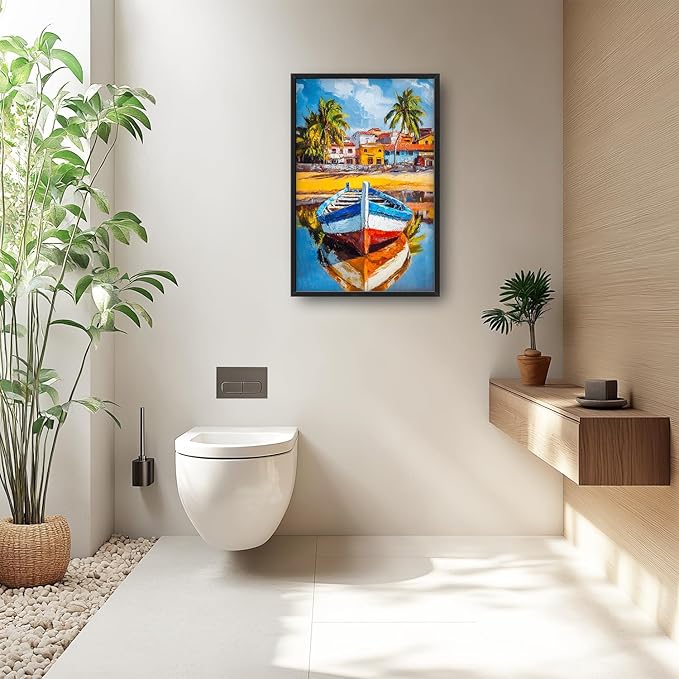 Colorful Boat Wall Art Large Tropical Coastal beach Pictures Wall Decor nautical seaside Canvas Prints Graffiti summer vacation painting Framed Artwork for bathroom Bedroom Living Room 24"x36"